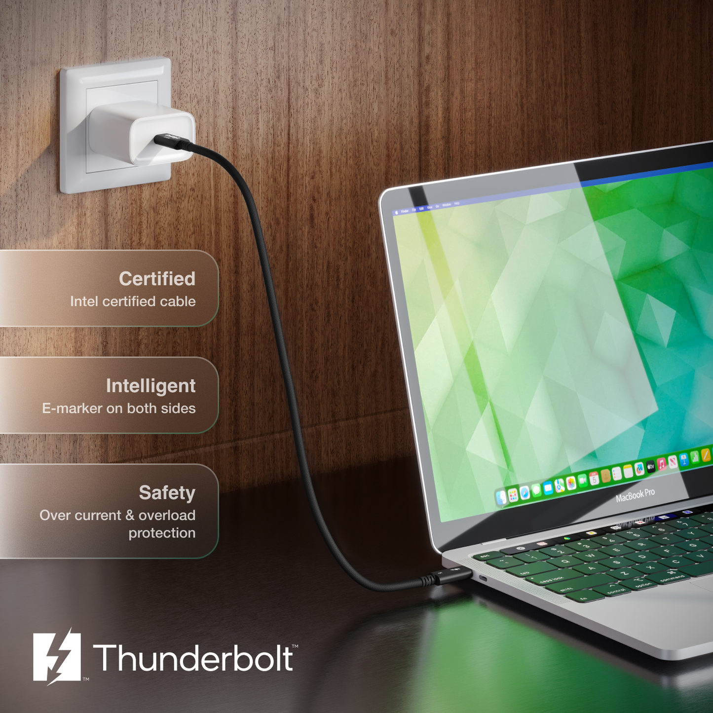 An image of a laptop on a desk with the Thunderbolt 5 Pro Cable connected to it and the other end of the cable is going into a SUB-C charger connected to a wall outlet. There is text on the image indicating features of the cable and a Thunderbolt logo.