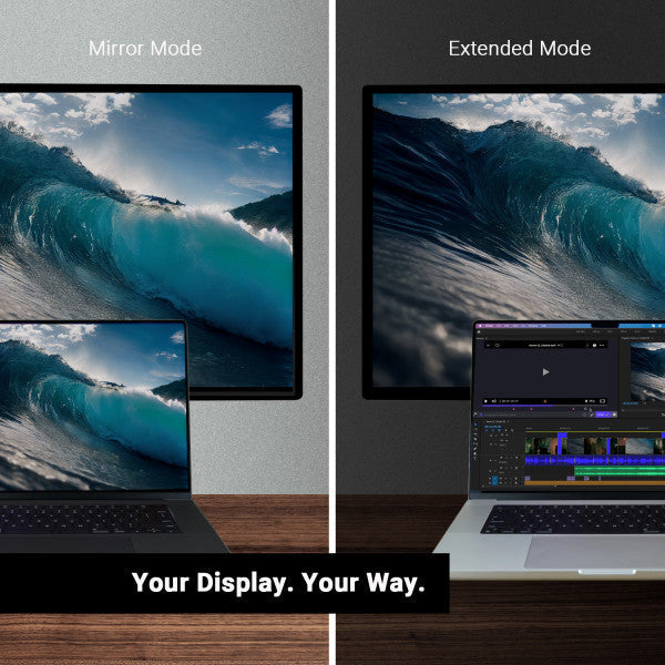 On one side of the image is a laptop and a monitor with the text "Mirror Mode". On the other side of the image is a laptop and a monitor with the text "Extended Mode". At the bottom of the image text says "Your display. Your way".