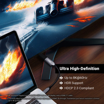 The USB-C to HDMI cable connected to a laptop and monitor. Text on the image says "Ultra High-Definition", "Up to 8K@60Hz", "HDR Support", and HDCP 2.3 Compliant".