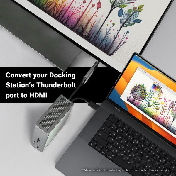 USB-C to HDMI 2.1 8K Video Adapter connected to a docking station, laptop, and monitor. The text on the image says "Convert your docking station's Thunderbolt port to HDMI".