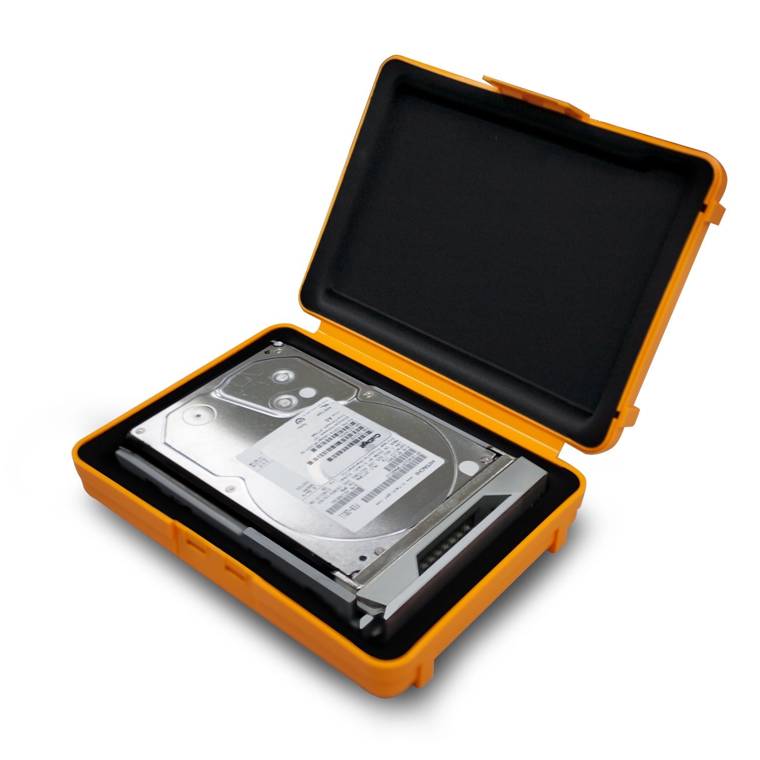 Top side view of the Archive Box open with a Drive Module inside of it on a white background.