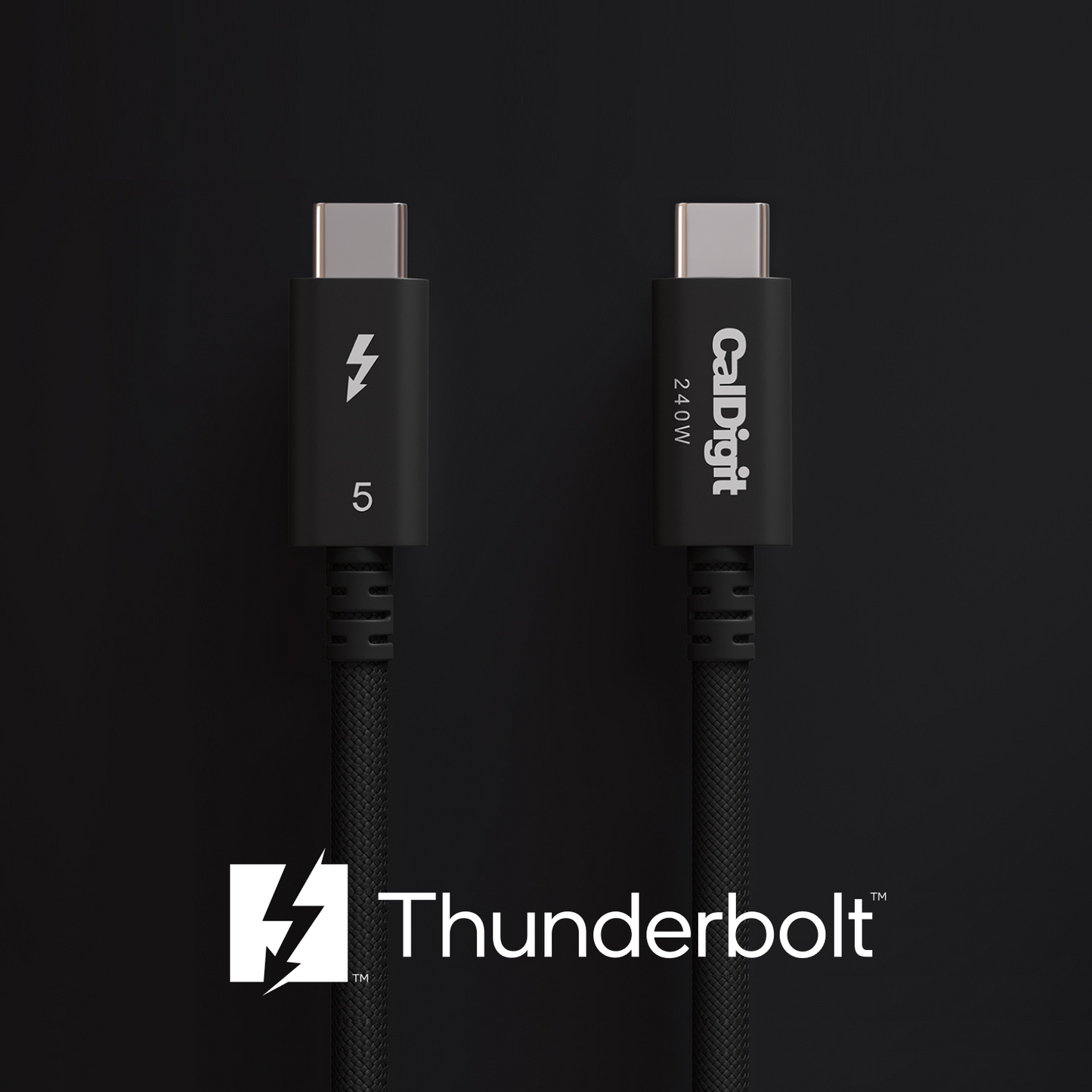 An image of two Thunderbolt 5 Pro Cables on a black background and the Thunderbolt logo.