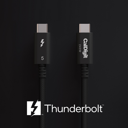 An image of two Thunderbolt 5 Pro Cables on a black background and the Thunderbolt logo.