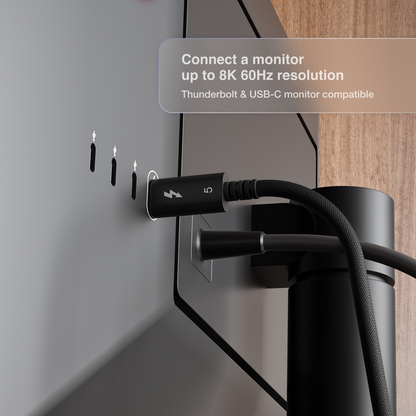 An image of the back of a monitor with a Thunderbolt 5 Pro Cable connected to the Thunderbolt port. Text on the image says "Connect a monitor up to 8K 60Hz resolution".