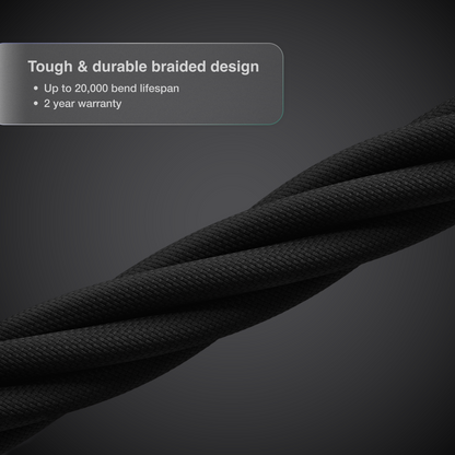 A close up image of multiple Thunderbolt 5 Pro Cables tangled together highlighting the braided part of the cable. Text says "Tough & Durable Braided Design".