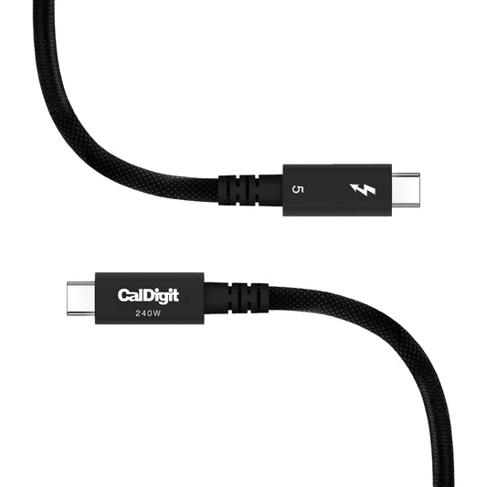 An image of both connectors of the 2m CalDigit Thunderbolt 5 Pro Cable showing each side of the connector on a white background.