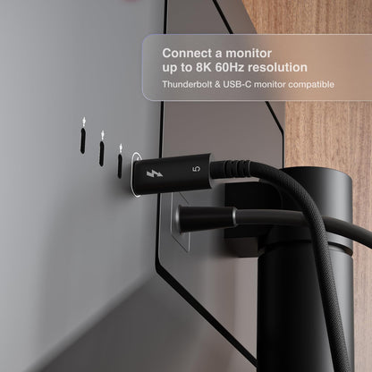 A 2m CalDigit Thunderbolt 5 Pro Cable connected to a monitor's Thunderbolt port.