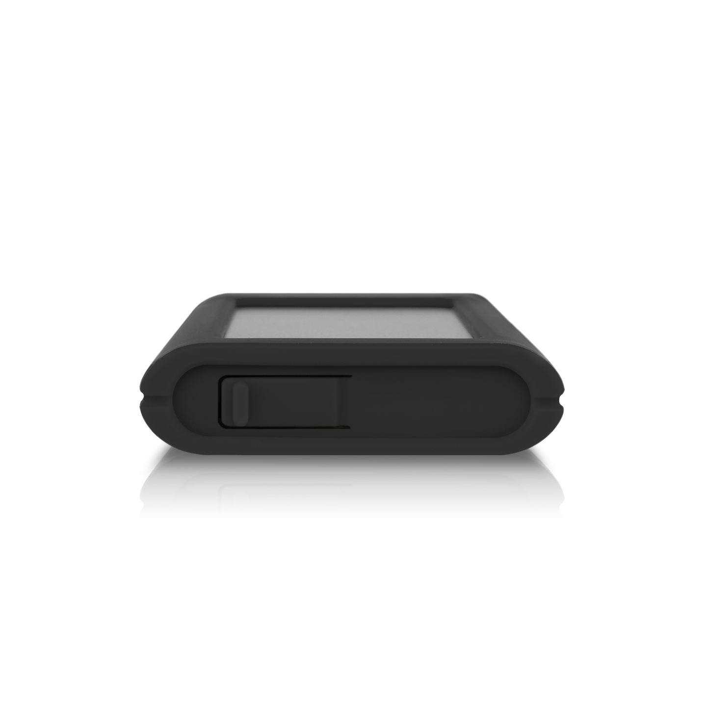 Rear view of a black Tuff nano Plus on a white background.