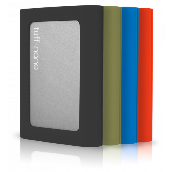 A black, green, blue, and orange Tuff nano next to each other. 